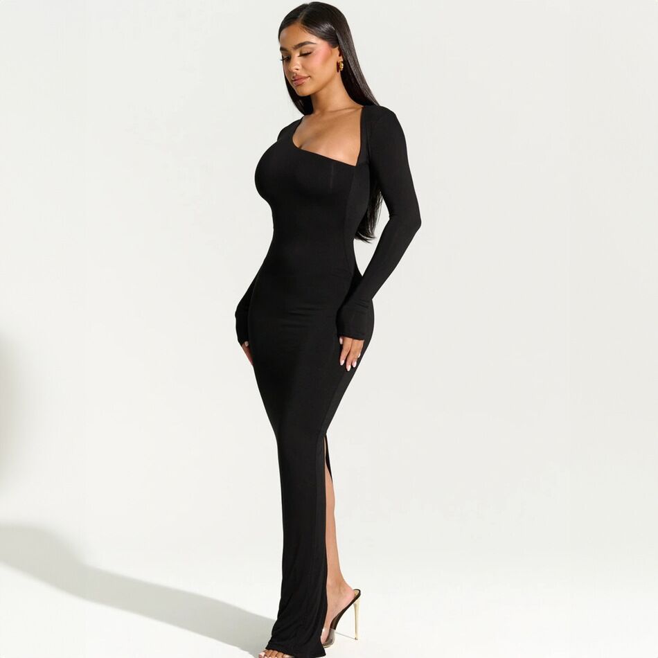 Dame Bodycon Maxikjole med asymmetrisk udskæring og lange ærmer Stilla