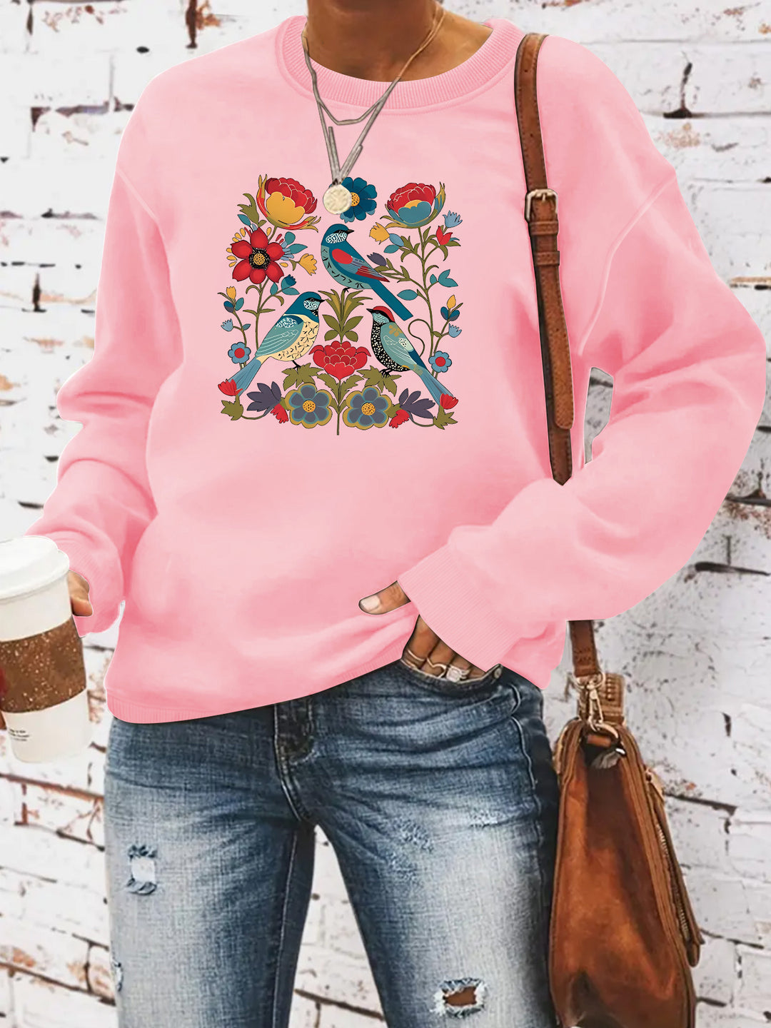 Kvinders sweatshirt med blomsterfuglemotiv og afslappet skæring Stilla
