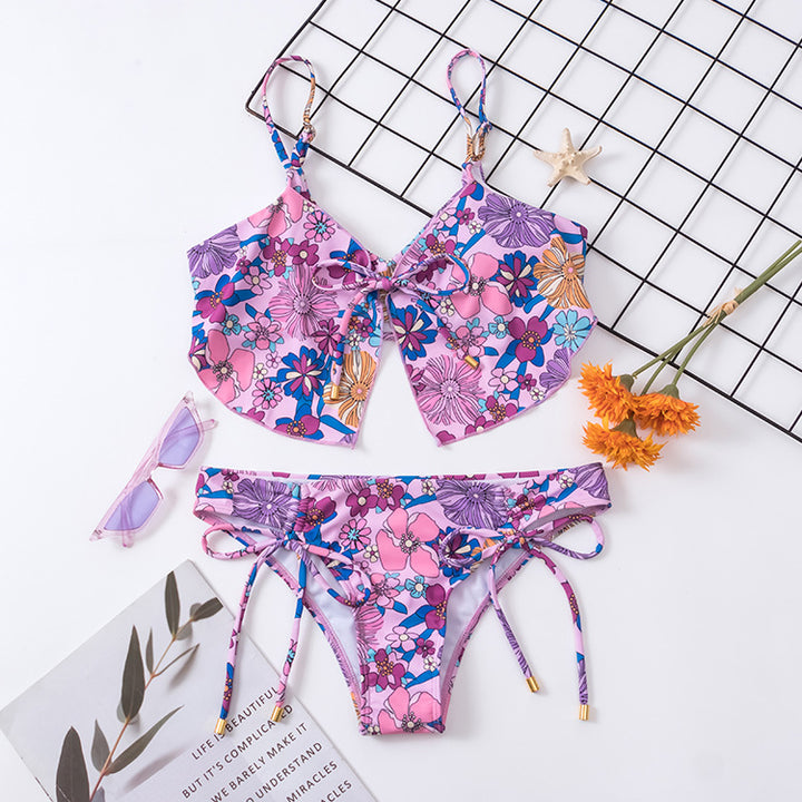 Dame Crop-Top-Bikini-Sæt med blomsterdesign og sidelæns bindebånd Stilla