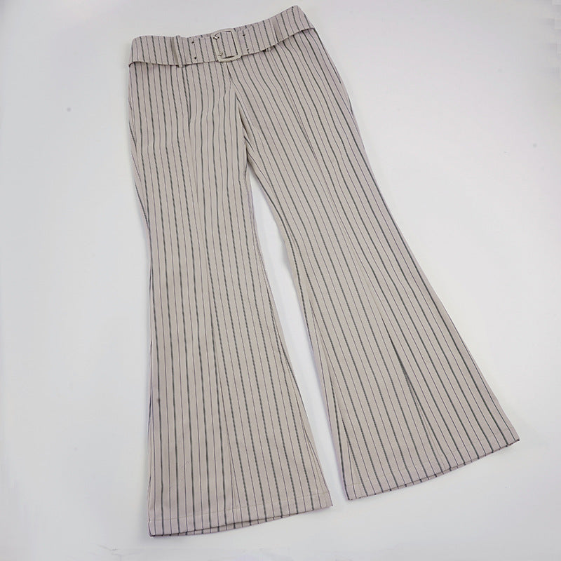 Damen elegante Flared-Hose mit tailliertem Gürtel und Streifenmuster Skovae