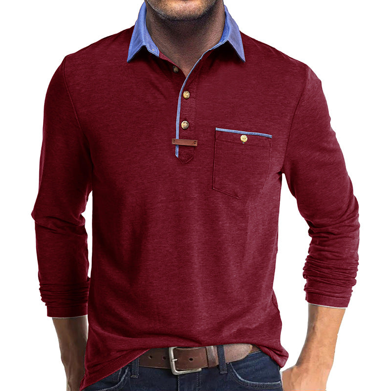 Herrer Langærmet-Henley-Shirt med stilfuld kontrastkrave og elegant brystlomme Stilla