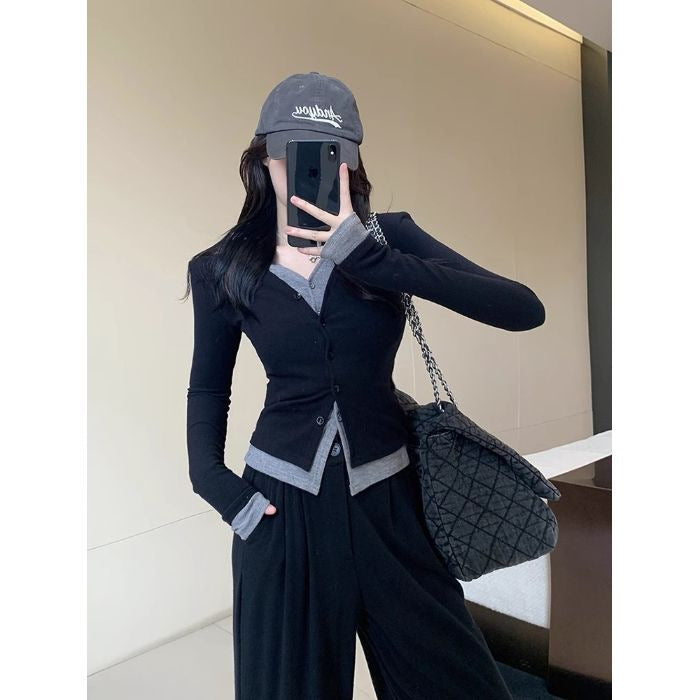 Damer fitted langærmet top med elegant underkrave Stilla