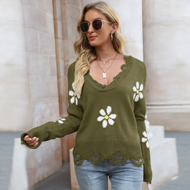 Dame strikpullover med blomsterprint og raffineret V-hals Stilla