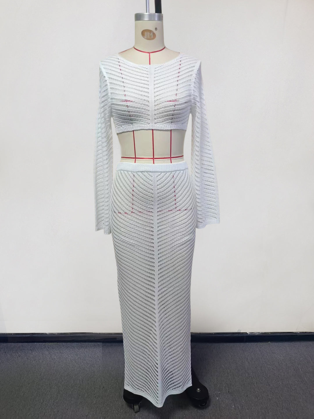 Dame elegant hæklede sæt med langærmet crop-top og figursiddende nederdel Skovae