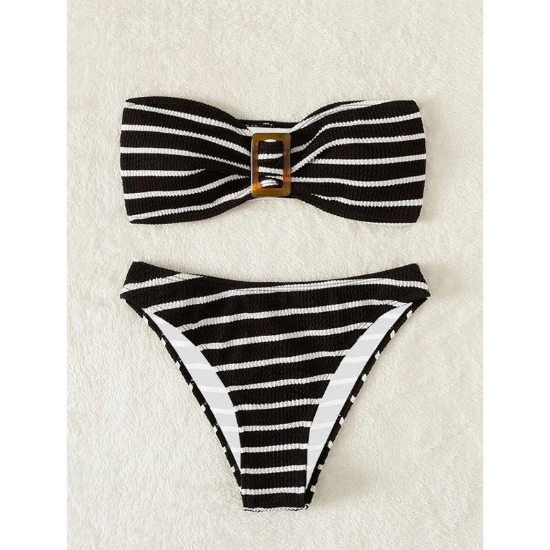 Dame Stribet Bandeau Bikini-Sæt med Dekorativ Spænde Stilla