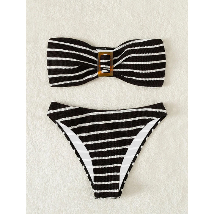 Dame Stribet Bandeau Bikini-Sæt med Dekorativ Spænde Stilla