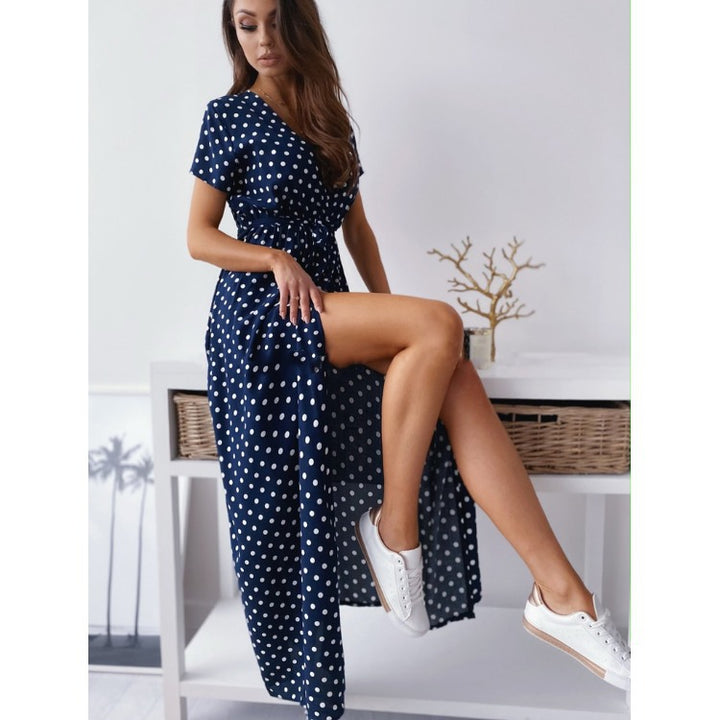 Dame Polka Dot Wrap Maxi Kjole med Sideslids og Bindebånd Stilla