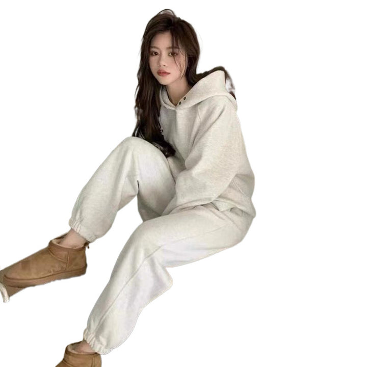 Dame Komfortabel Hoodie Sæt med Løs Pasform og Dekorative Knapper Skovae