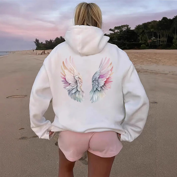 Dame hoodie sweatshirt med fantasifuld vingemotiv Skovae