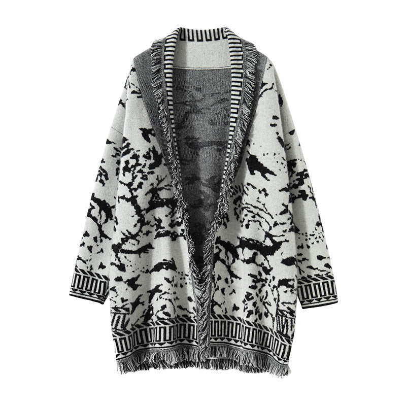Kvinders Komfortable Cardigan med Grafisk Mønster og Frynsedetaljer Stilla