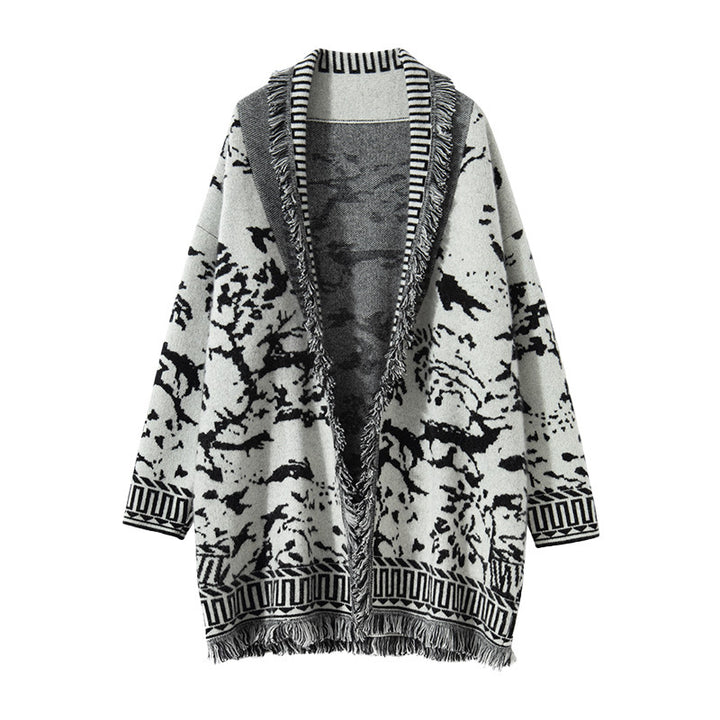 Kvinders Komfortable Cardigan med Grafisk Mønster og Frynsedetaljer Stilla