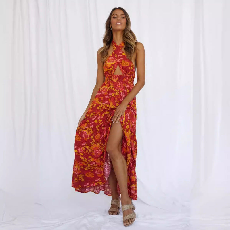 Dame Floral Halter Maxi Kjole med Høj Slids Stilla