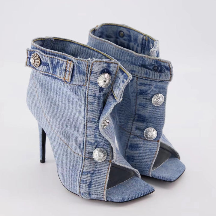 Femme Open-Toe Højhælede Denim Støvletter Stilla