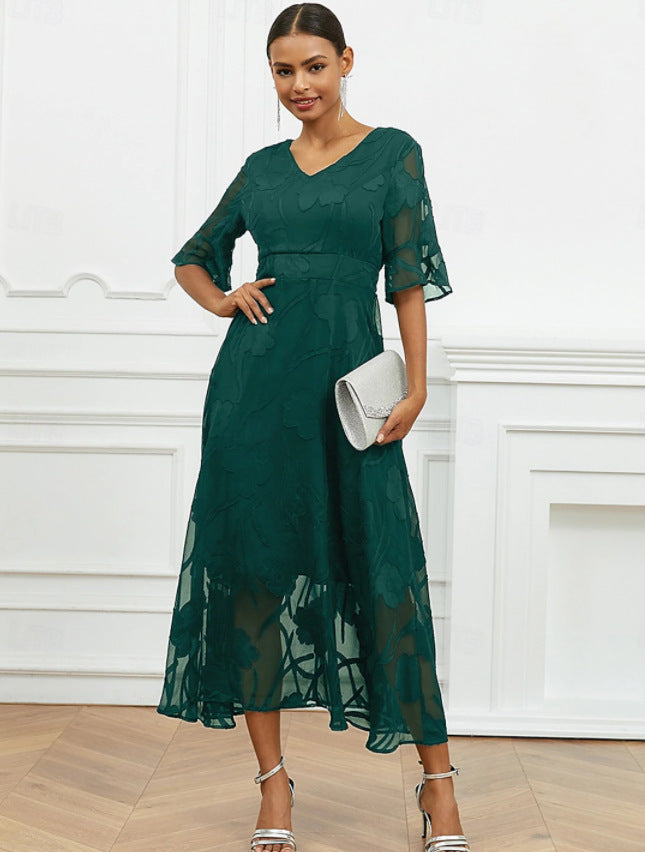 Dame elegant Midikjole med blomster Chiffon og V-udskæring Stilla