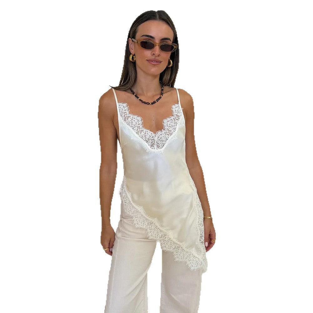 Dame satin top med spidse detaljer Skovae