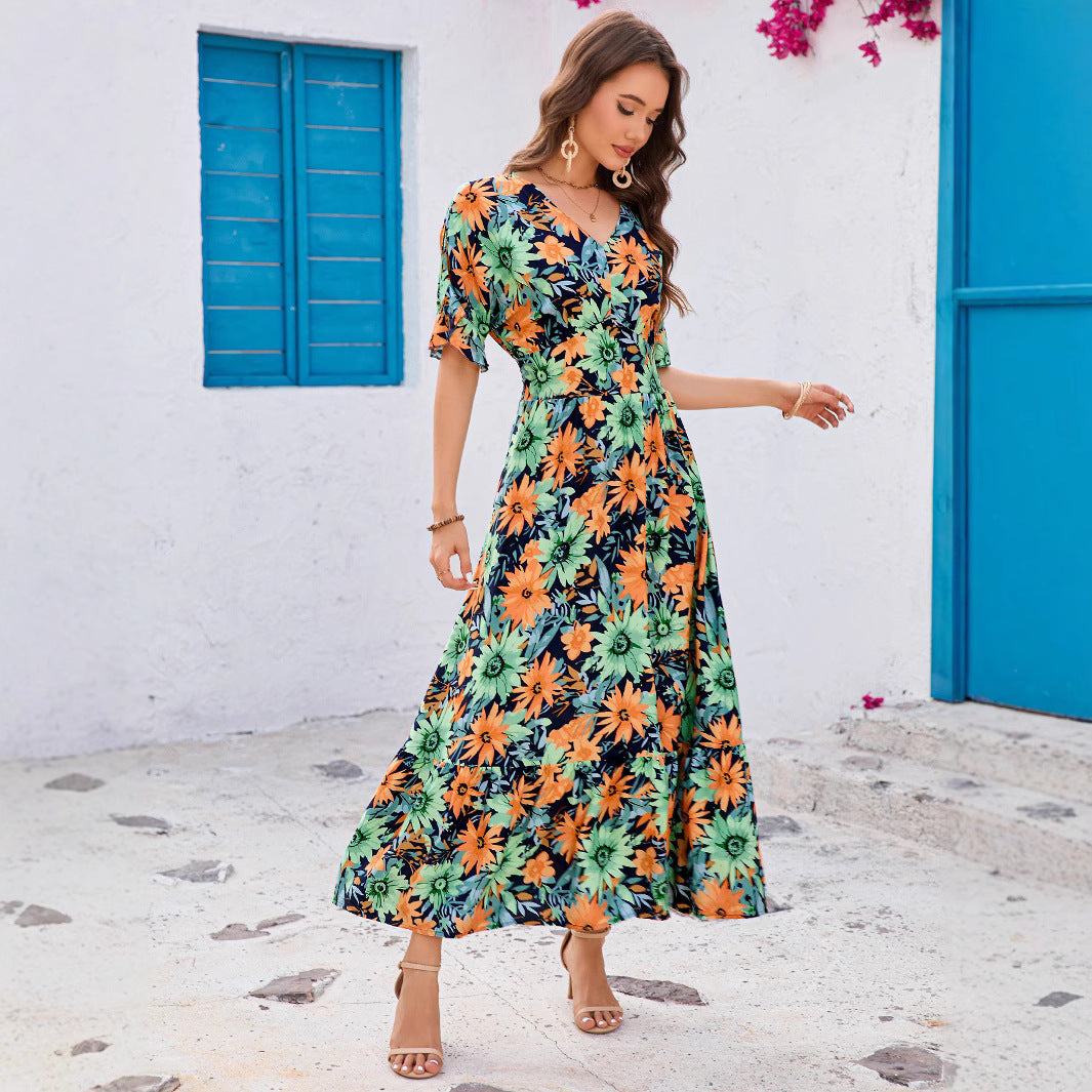 Dame Floral Print Maxikjole med flatterende V-udskæring og flydende ærmer Stilla