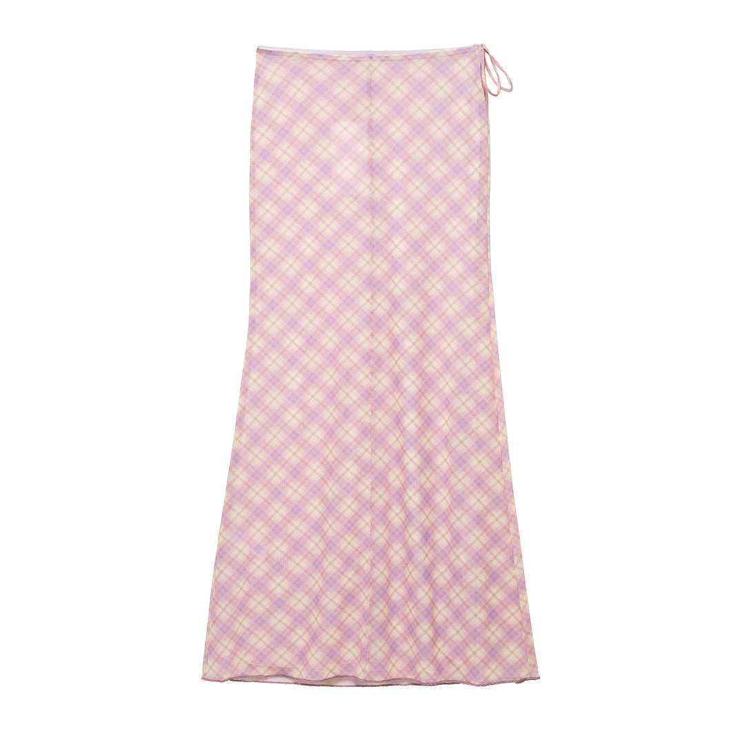 Femme Elegant Rutet Maxi-Nederdel med Justerbare Sidesnor Stilla