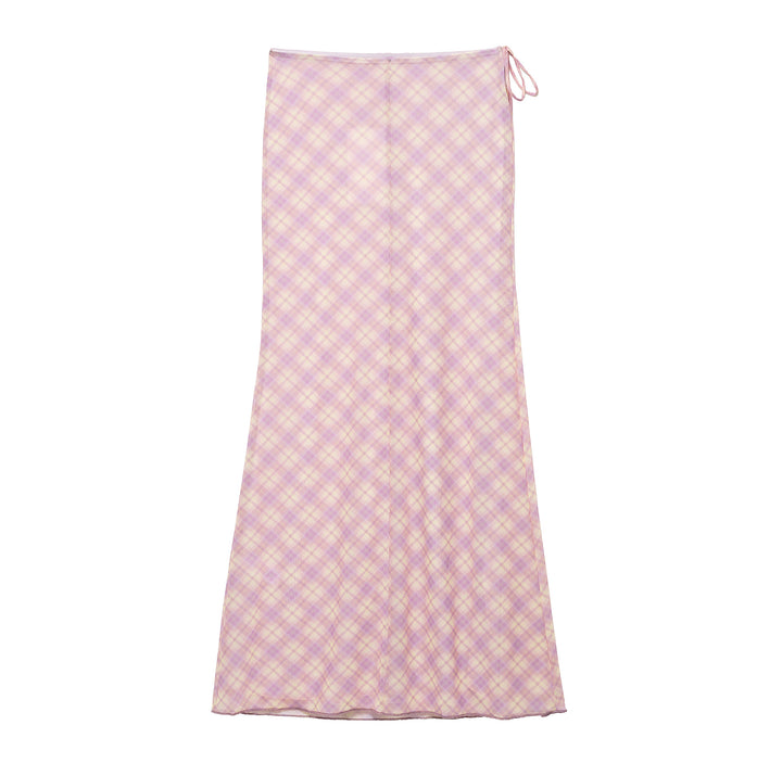 Femme Elegant Rutet Maxi-Nederdel med Justerbare Sidesnor Stilla