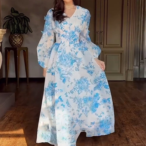 Dame Maxikjole med blomstret spidsmønster og voluminøse ærmer Stilla