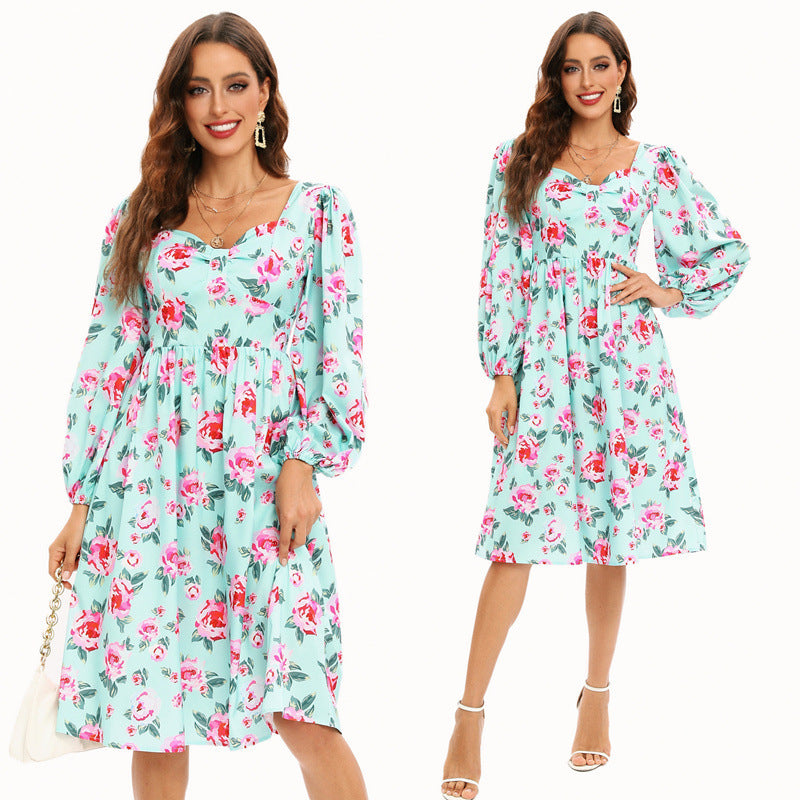 Dame Floral Midi Kjole med Puffærmer Stilla