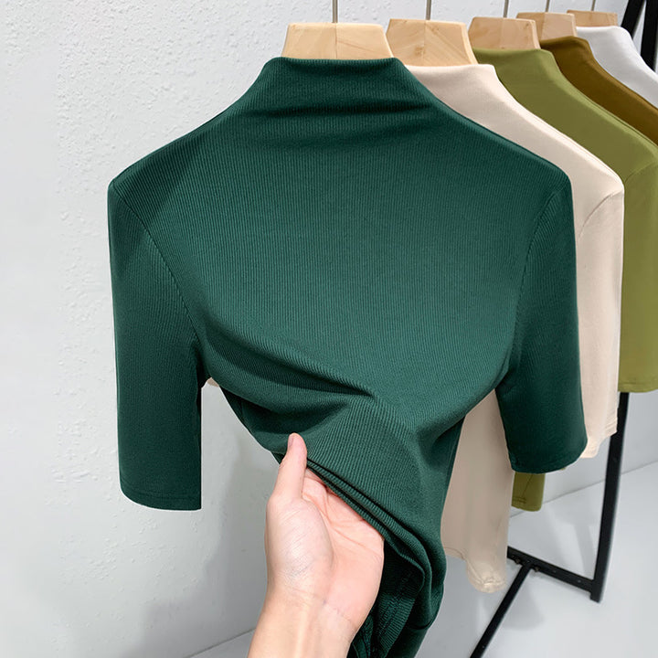 Dame Kortærmet Turtleneck Top i strækbart materiale med figursyet snit Stilla