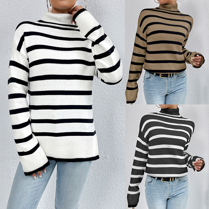 Dame mode rullekrave sweater med brede blokstriber og afslappet snit Stilla