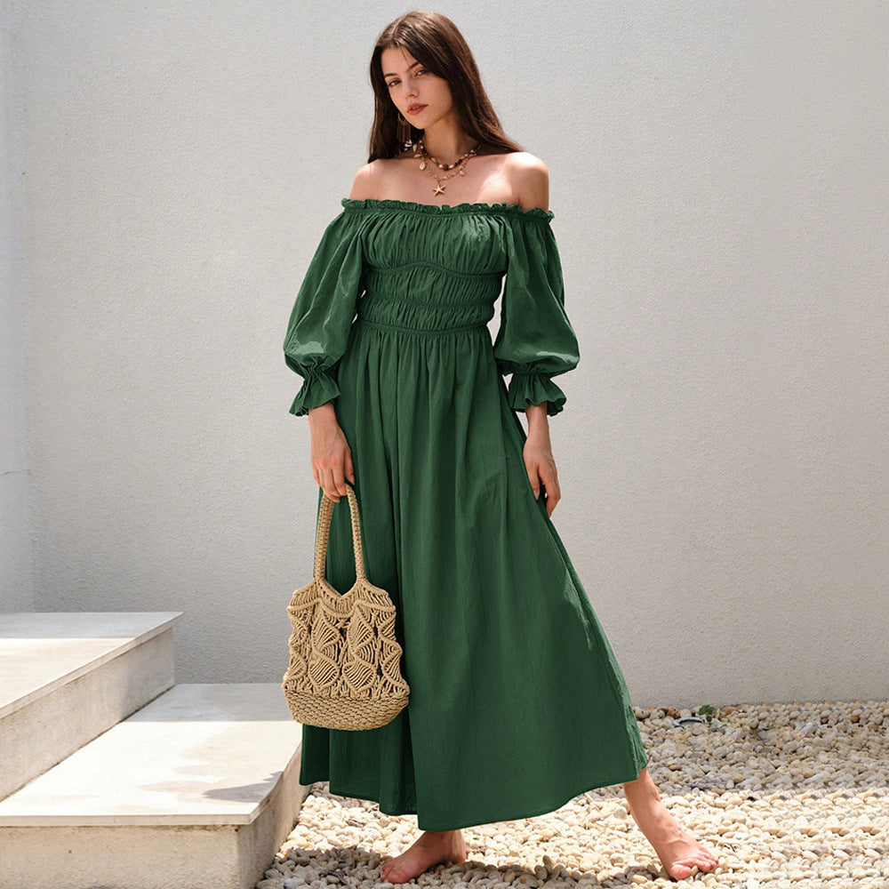 Kvindernes maxi kjole i elegant off-shoulder stil med samlede puffærmer Stilla