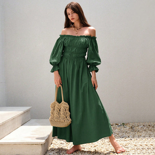Kvindernes maxi kjole i elegant off-shoulder stil med samlede puffærmer Stilla