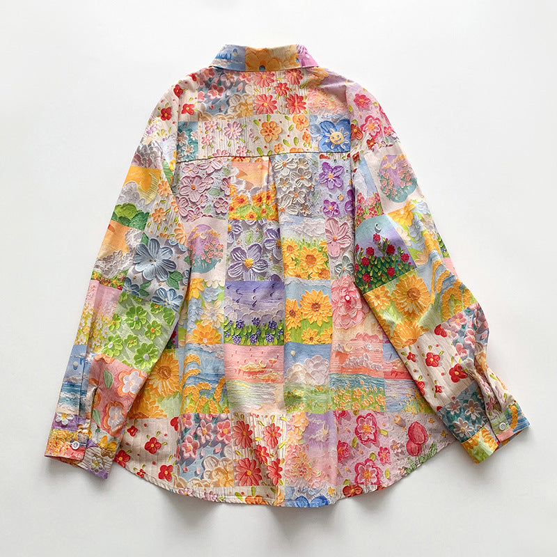 Dame langærmet skjorte med farverigt patchwork-design Stilla