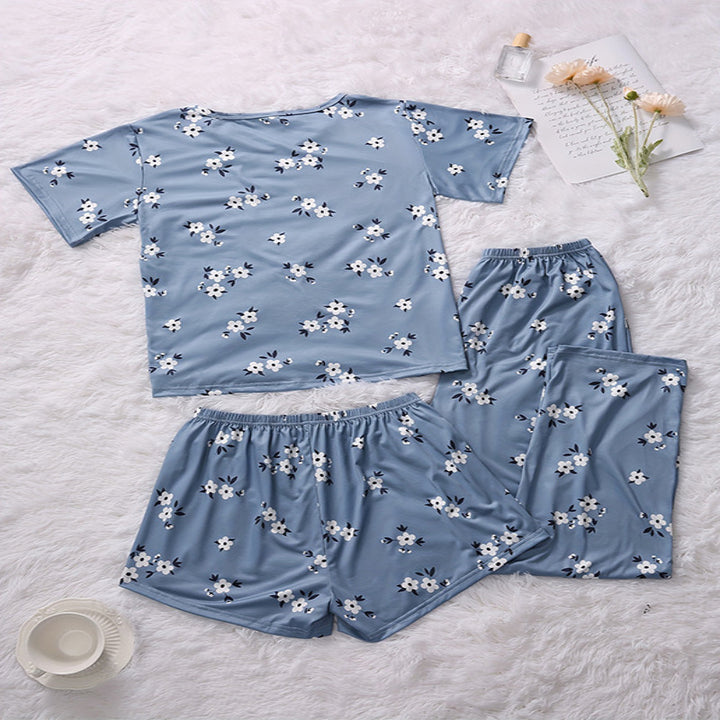 Dame kortærmet pyjamas-sæt med blomstermotiv og elastisk talje Stilla