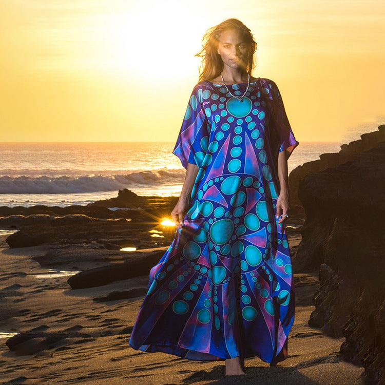 Dame luftig strandkaftan med farverigt geometrisk mønstertryk Stilla