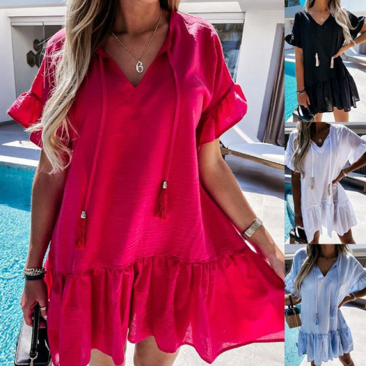 Dame Relaxed Fit Boheme Stil Kjole med Kvaster Snortræk Stilla