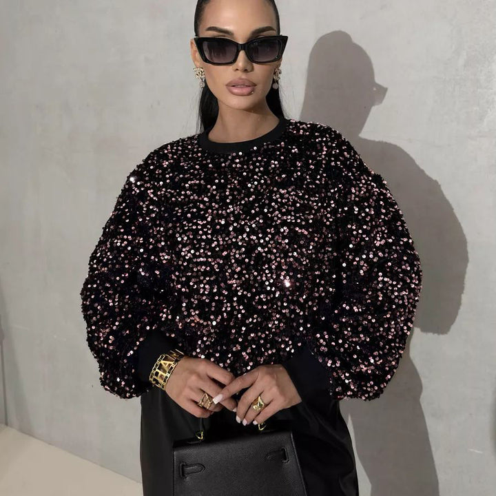 Dame Glitrende Pullover med oversized snit og funklende rhinsten Stilla
