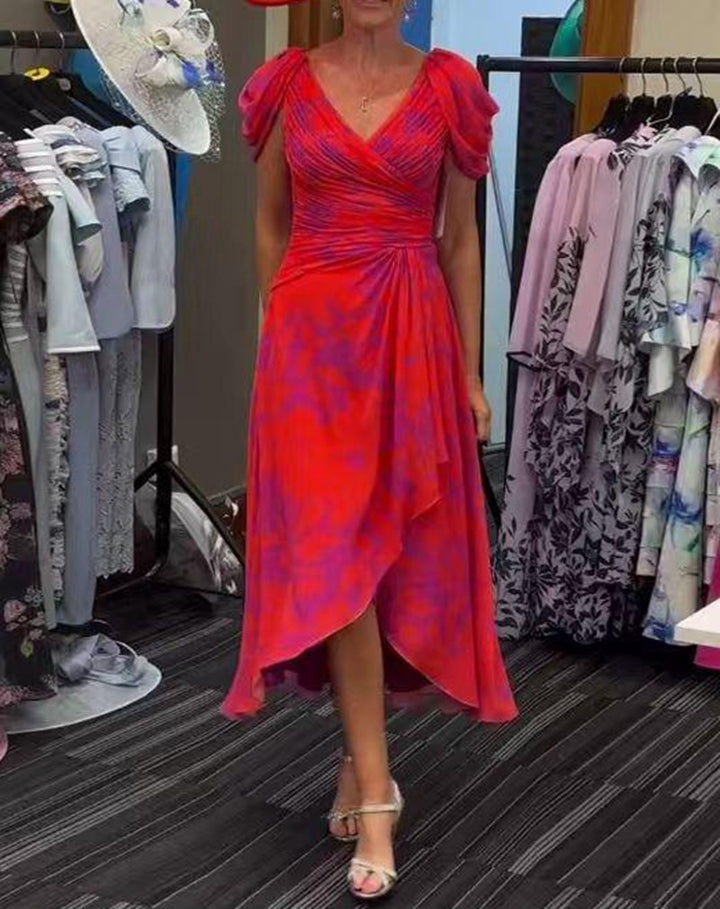 Dame nan festligt chiffon midikjole med krydset V-udskæring, taljeophækning og asymmetrisk tulipan skirt Skovae