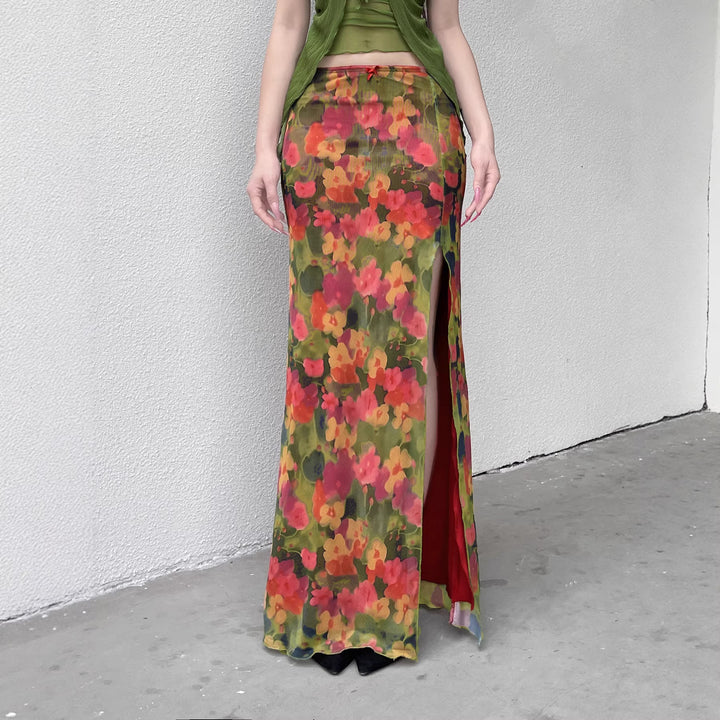 Dame Maxi-nederdel med blomster Chiffon-design og sidelæg Skovae