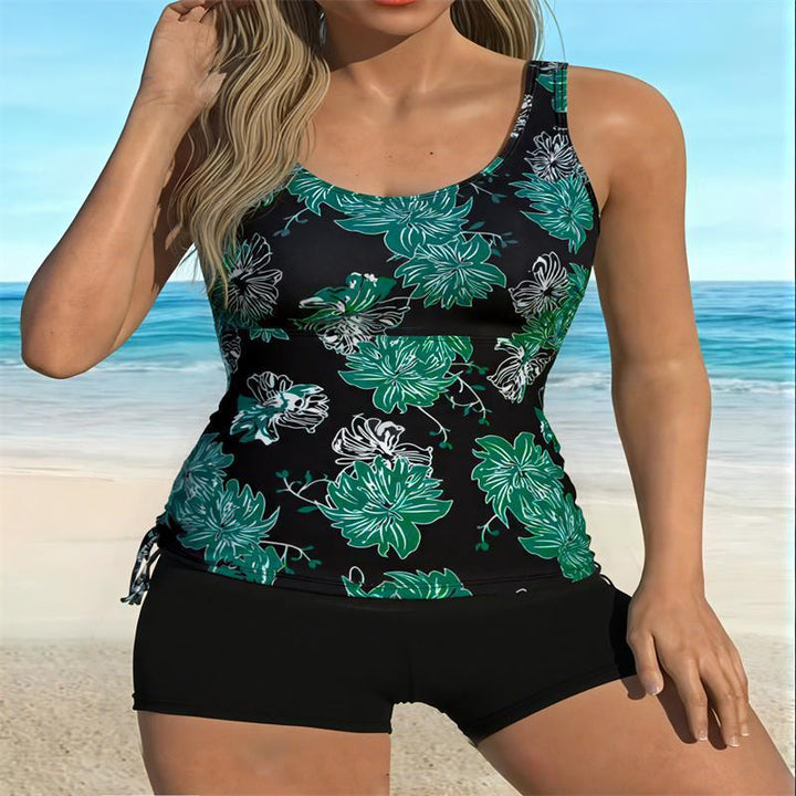Dame Tankini-sæt med blomsterkrans top og sporty trusser Skovae