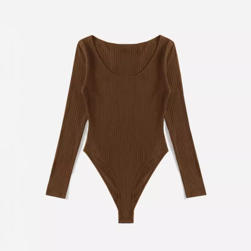 Dame Langærmet Bodysuit med ribstruktur og dyb U-Bootudskæring Stilla