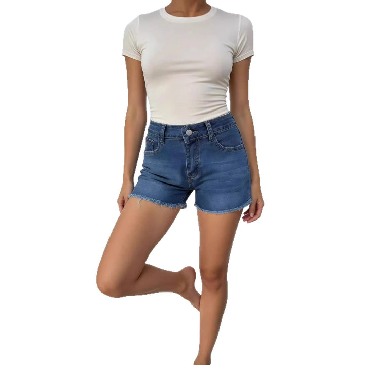 Damer casual jeansshorts med fransede kanten og høj talje Skovae