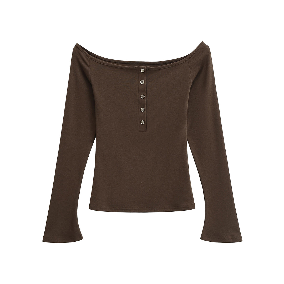 Dame Off-Shoulder Langærmet T-shirt med elegant knapliste og fint ribmateriale Stilla