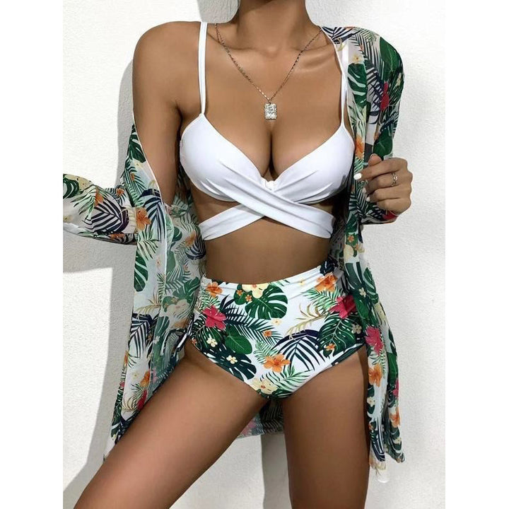 Dame bikini sæt med blomstret kimono og høj taljet bukser Skovae
