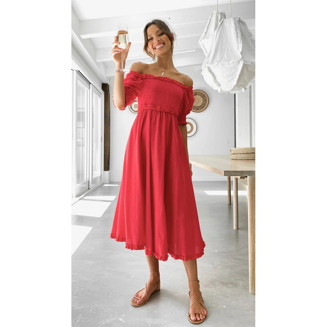 Women's Off-Shoulder Midi Dress with Airy Silhouette and Ruffle Details Skovae