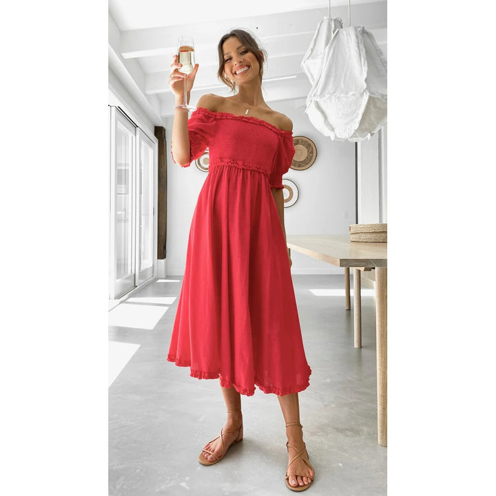 Women's Off-Shoulder Midi Dress with Airy Silhouette and Ruffle Details Skovae