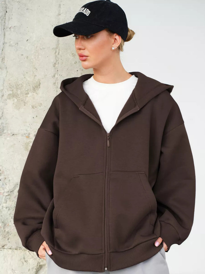 Women's Oversized Hooded Jacket with Zipper and Large Pockets Skovae