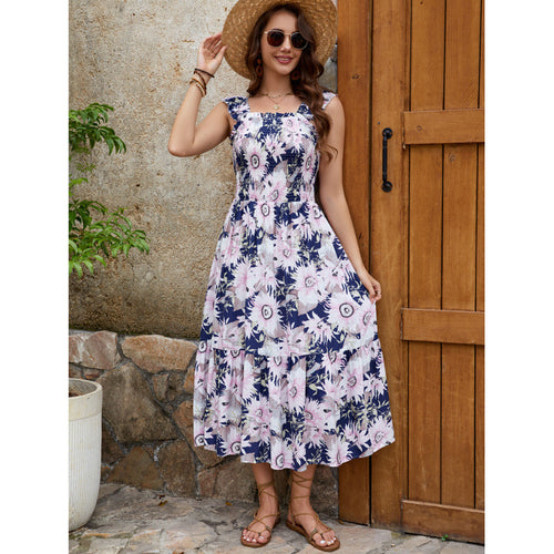Dame Floral Print Maxi Kjole med Ruffle SkuldretDetail Stilla