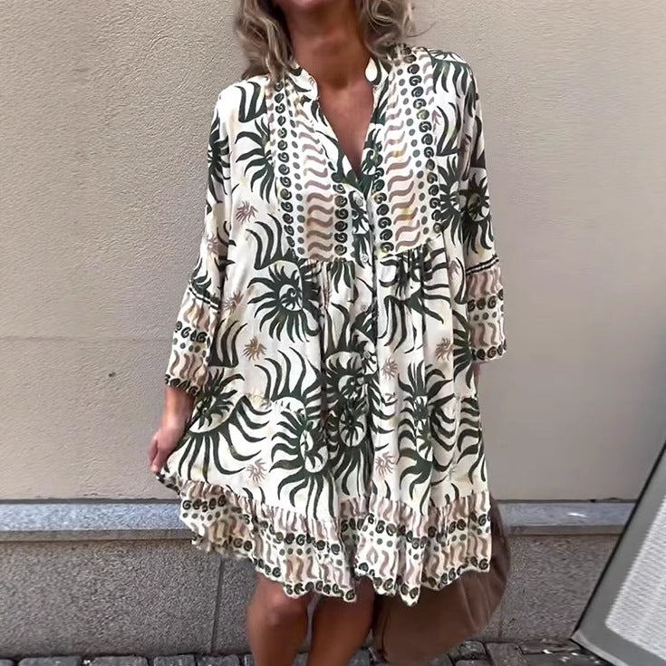 Dame nan locker geskåret Boho-tunikakjole med V-hals, rynket Empire-søm og flæsekant Skovae