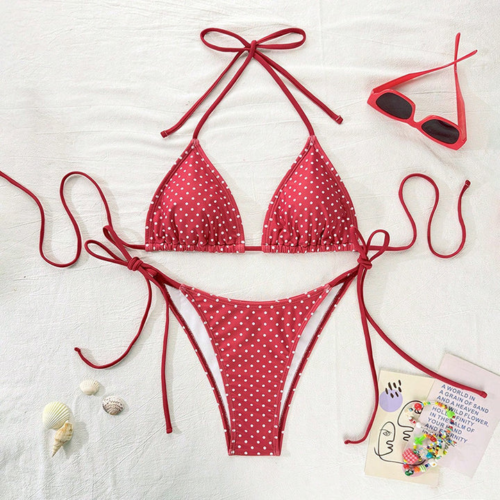 Dame triangle bikini med legende prikmønster og justerbar talje Skovae