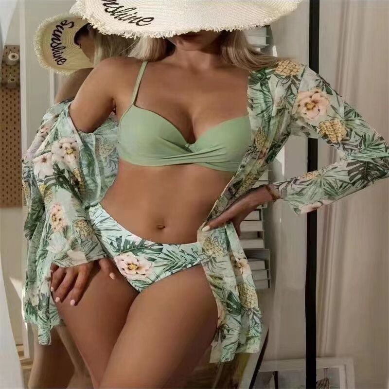 Dame Strand-Kimono-Sæt med blomstermønster og høj benåbning Stilla