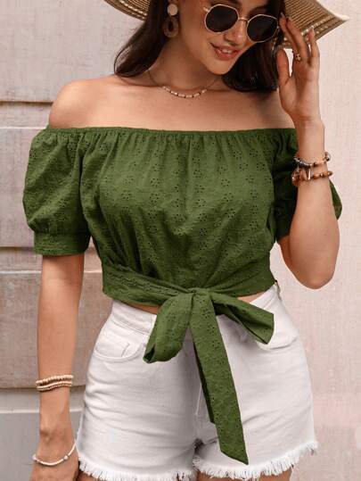 Dame Off-Shoulder Bluse med Talje bælte og Puffærmer Stilla