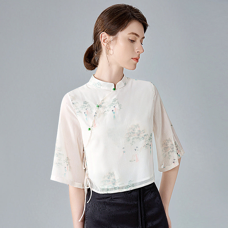 Dame kortærmet bluse med elegant ståkrave og blomsterdesign Stilla