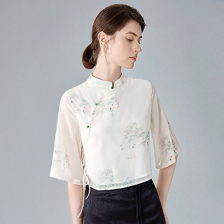 Dame kortærmet bluse med elegant ståkrave og blomsterdesign Stilla